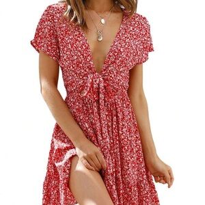 Red Floral V-Neck Dress‎